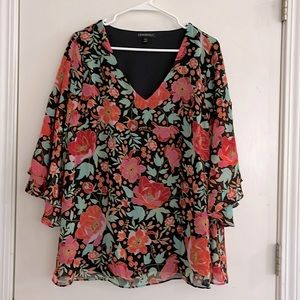 Lane Bryant Black Floral Layered V-Neck Chiffon Bell Sleeve Blouse - Size 14/16